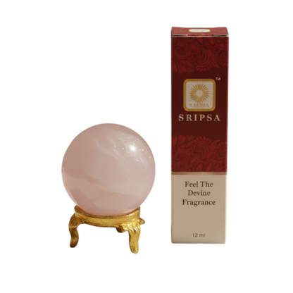 Rose Aura Harmony Combo – Rose Quartz Sphere with Golden Stand & SRIPSA Divine Fragrance