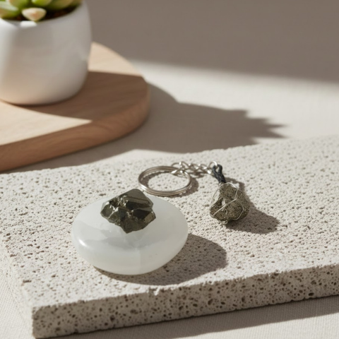 Selenite Wealth Charger Combo – Pyrite Charging Plate with Prosperity Keychain