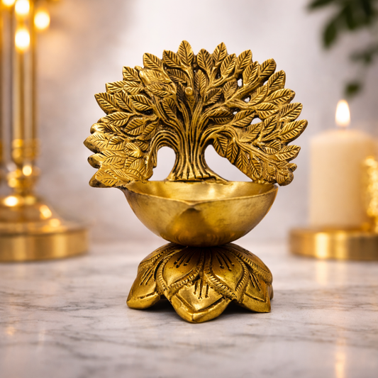 Premium Brass Tree of Life Diya – Decorative Oil Lamp for Home Temple & Puja