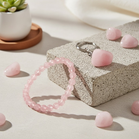 Rose Quartz Love Harmony Combo – Healing Bracelet with Heart Keychain