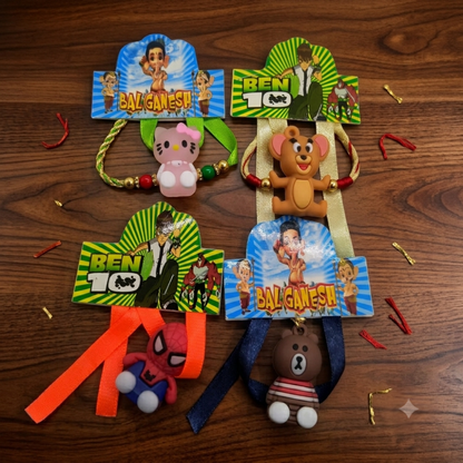 Cute Cartoon Rakhi Set of 4 – Colorful Character Rakhis for Kids on Raksha Bandhan