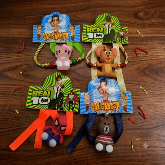 Cute Cartoon Rakhi Set of 4 – Colorful Character Rakhis for Kids on Raksha Bandhan