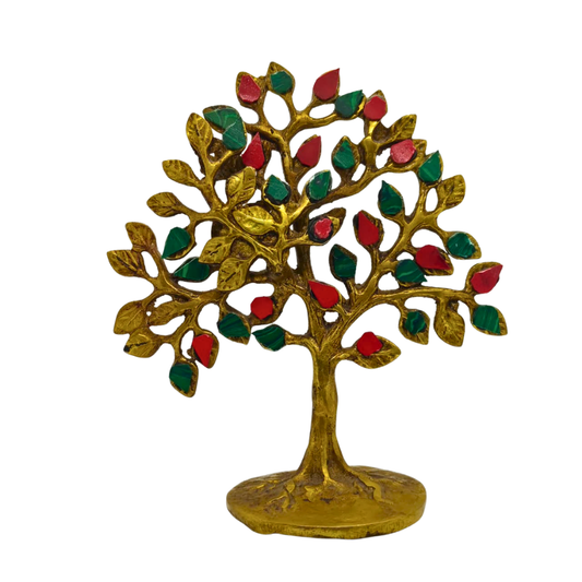 Colorful Brass Kalpavriksha Tree of Life Table Showpiece – Decorative Multicolor Leaf Home Decor (6.8 Inch)