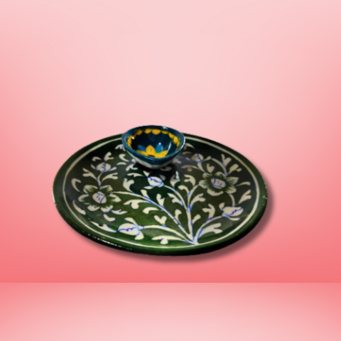Emerald Blossom Floral Ceramic Diya Plate Combo