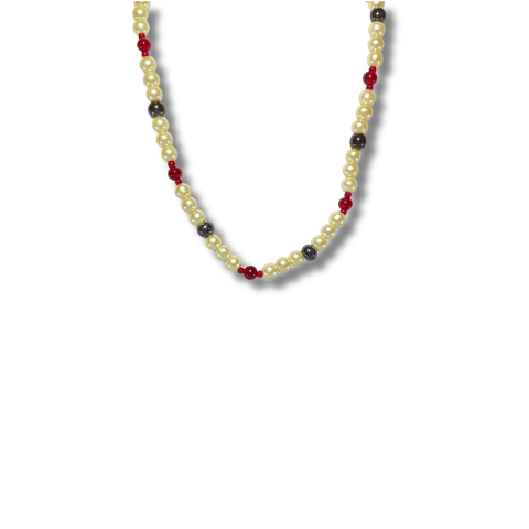 Pearl Glow Bead Necklace – Red & Black Accents