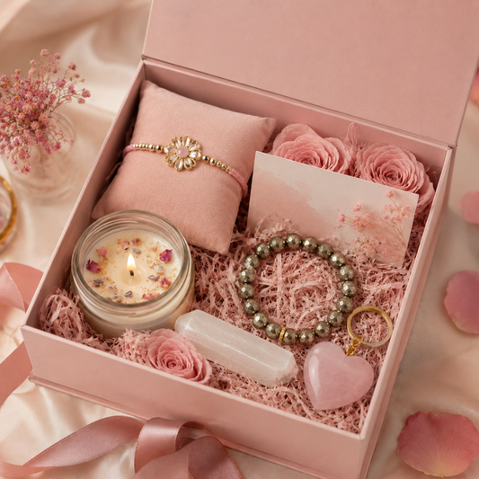 Luxury Pink Rakhi Gift Hamper with Candle, Crystal Bracelet & Rose Quartz