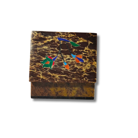 Brown Marble Stone Box with Multicolor Inlay Art