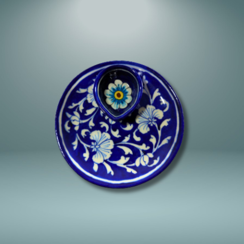 Royal Blue Pottery Blossom Diya Plate Set