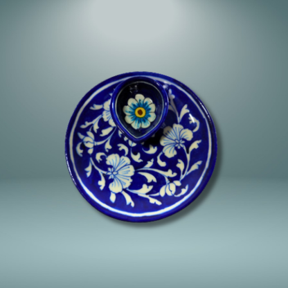 Royal Blue Pottery Blossom Diya Plate Set