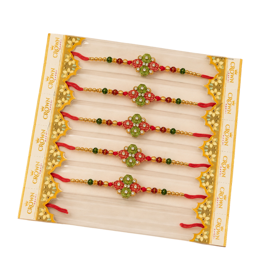 Premium Meenakari Rakhi Set of 5 – Red Green Designer Rakhi for Bhai