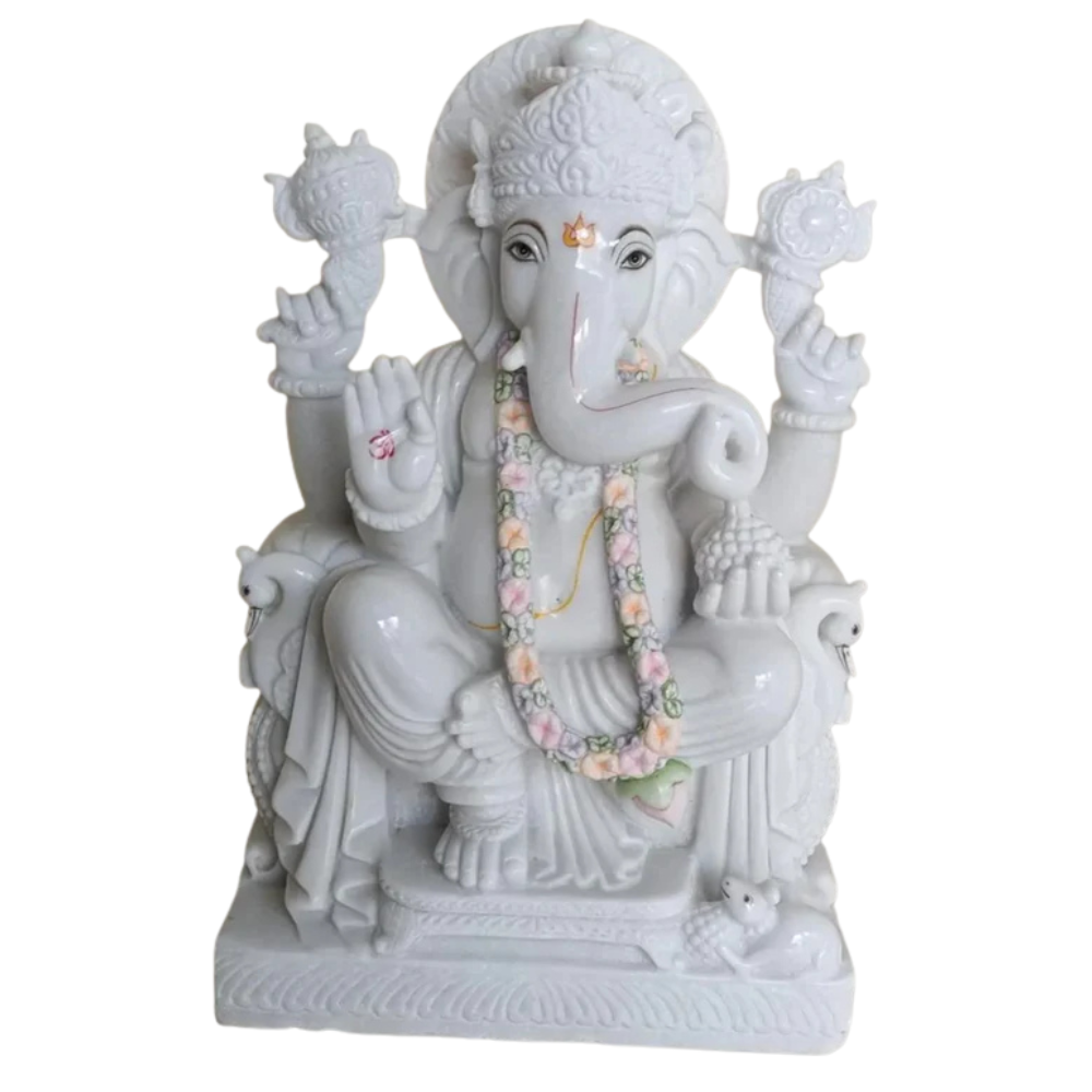 Divine White Marble Ganesh Ji Statue (12 Inch) – Decorative Ganpati Idol for Mandir & Pooja Room