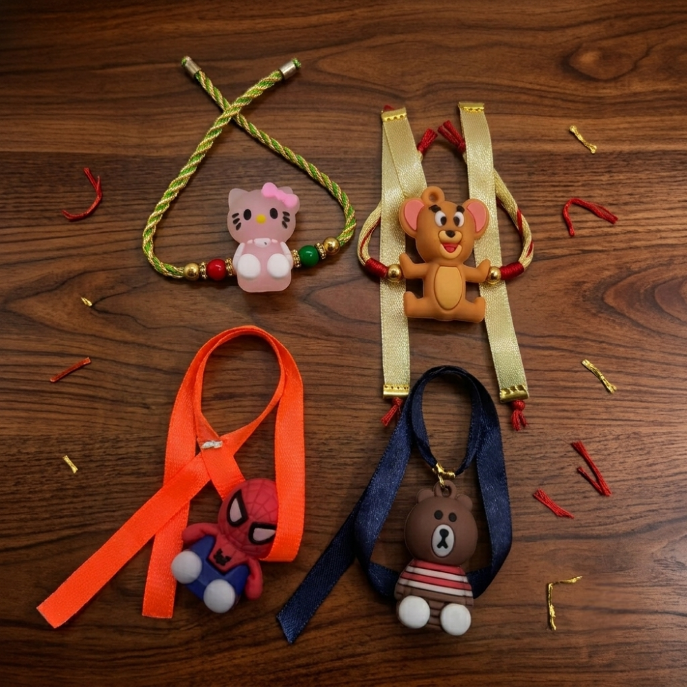 Cute Cartoon Rakhi Set of 4 – Colorful Character Rakhis for Kids on Raksha Bandhan