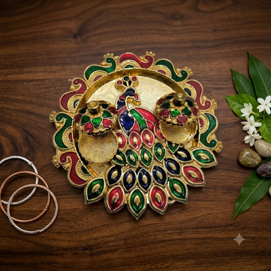Royal Peacock Meenakari Pooja Thali Set – Traditional Designer Diya & Roli Chawal Thali