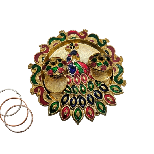 Royal Peacock Meenakari Pooja Thali Set – Traditional Designer Diya & Roli Chawal Thali