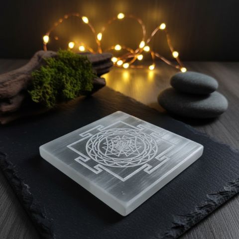 Selenite Sri Yantra Charging Plate And Hematite Bracelet