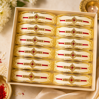 Traditional Red & Gold Rakhi Set of 12 – Elegant Beaded Rakhi for Bhai