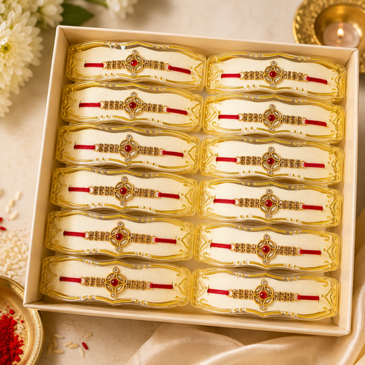 Traditional Red & Gold Rakhi Set of 12 – Elegant Beaded Rakhi for Bhai