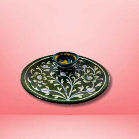Emerald Blossom Floral Ceramic Diya Plate Combo