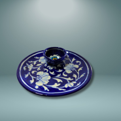 Royal Blue Pottery Blossom Diya Plate Set