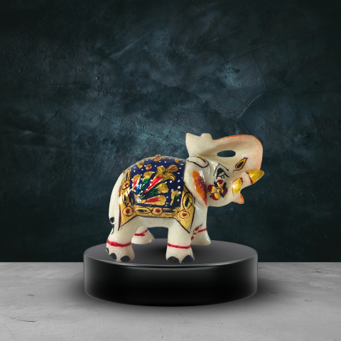 Handcrafted Marble Elephant Showpiece with Black & Gold Artwork – Decorative Home Décor Figurine