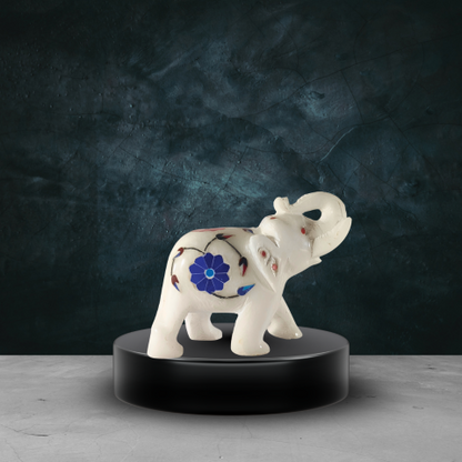 Elegant Big Inlay Marble Elephant – Floral Artwork Showpiece