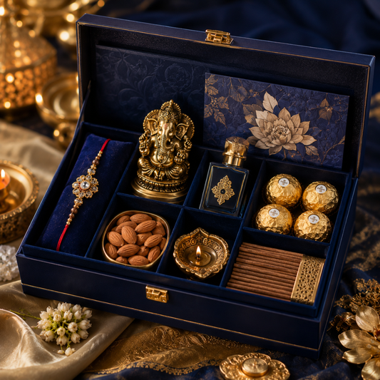 Royal Blue Rakhi Gift Box with Ganesh Idol, Attar & Ferrero Rocher