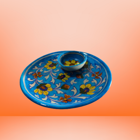 Azure Dreams Handcrafted Floral Diya Plate Set