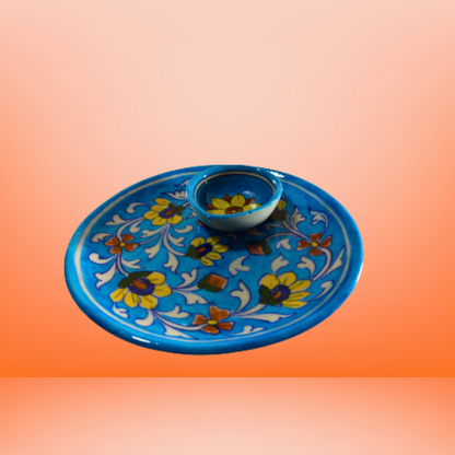 Azure Dreams Handcrafted Floral Diya Plate Set