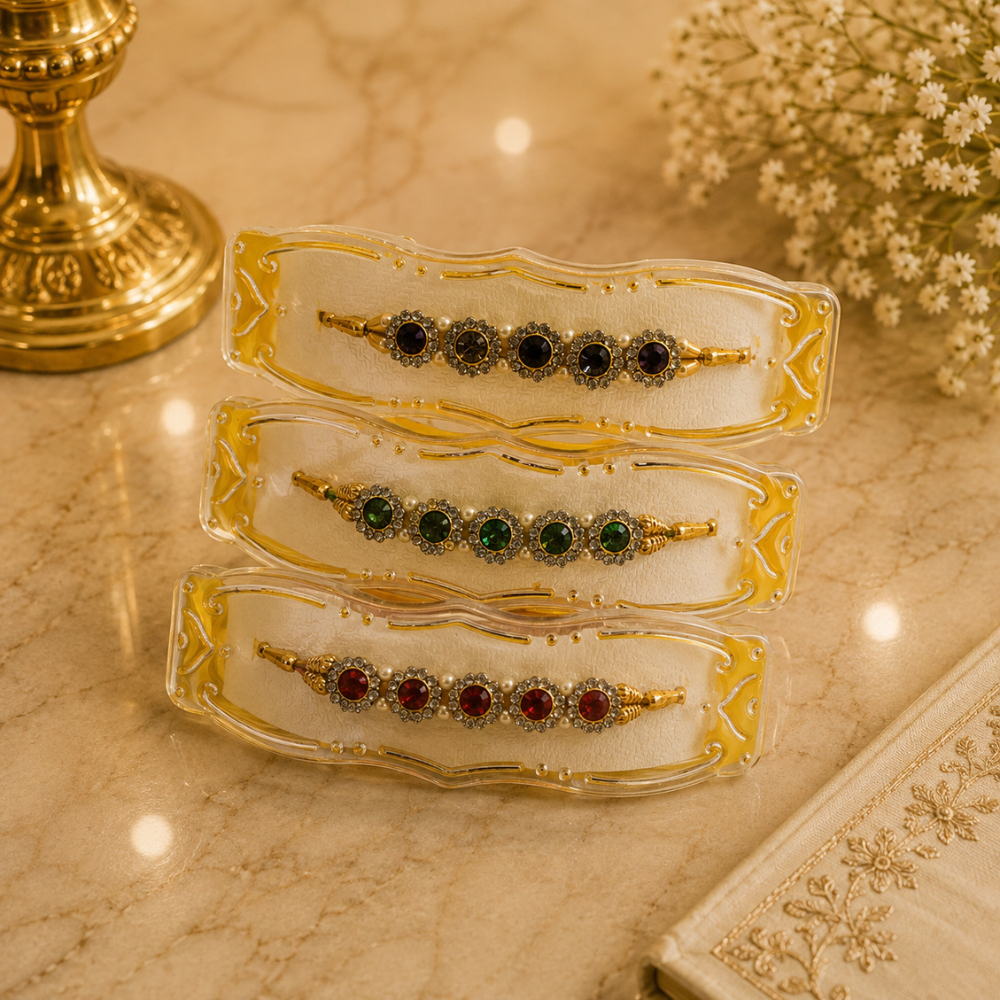 Traditional Designer Rakhi Set of 3 – Red Green Stone Work Pearl Raksha Bandhan Rakhi