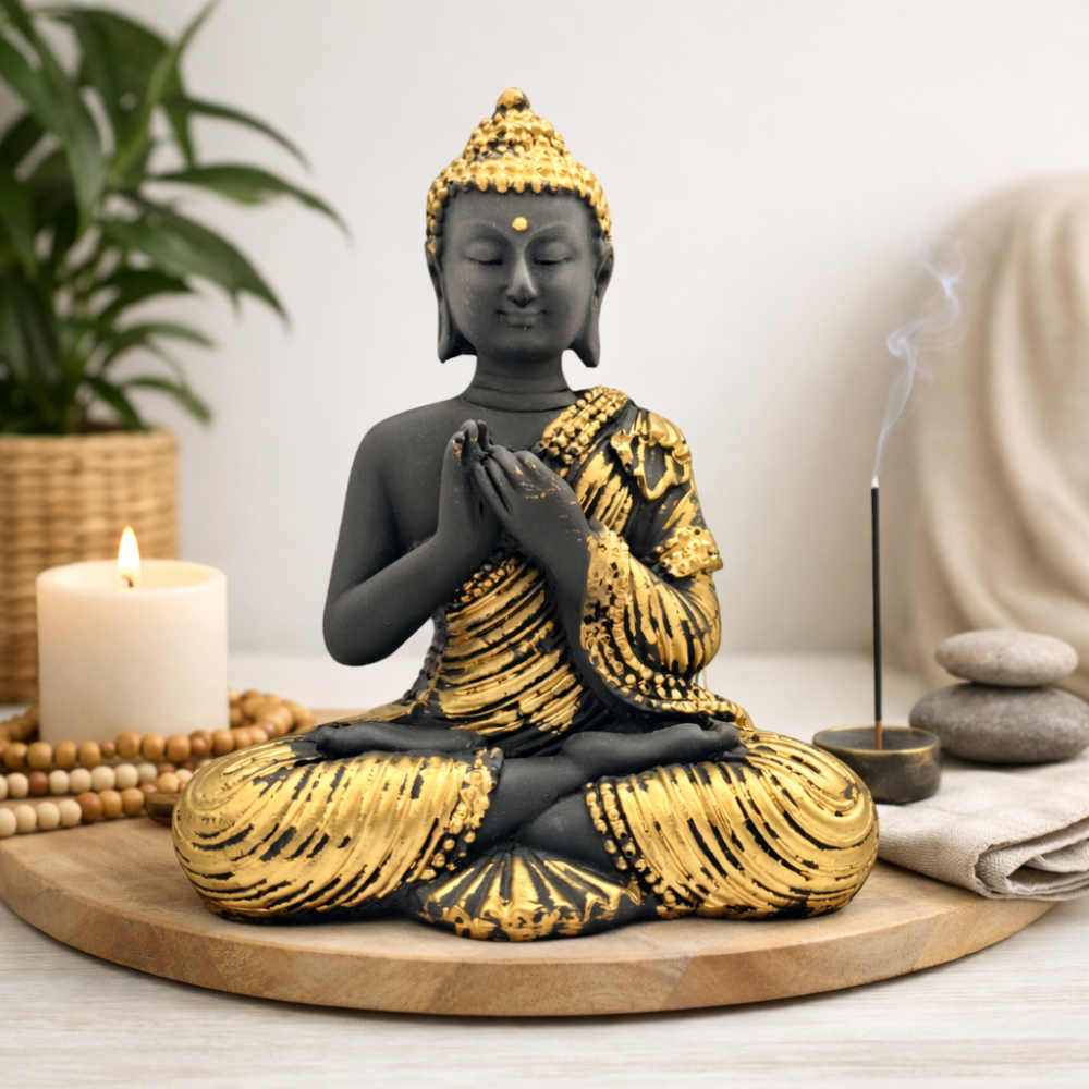 Black & Gold Buddha Statue in Dharmachakra Mudra for Home Decor