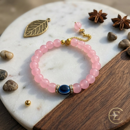 Pink Rose Quartz Beaded Bracelet with Blue Evil Eye – Healing Crystal Bracelet