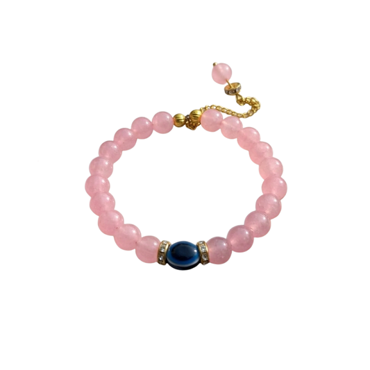 Pink Rose Quartz Beaded Bracelet with Blue Evil Eye – Healing Crystal Bracelet