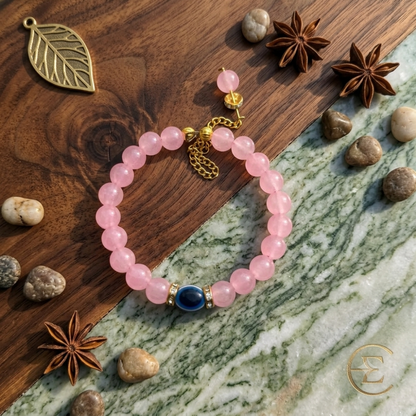 Pink Rose Quartz Beaded Bracelet with Blue Evil Eye – Healing Crystal Bracelet
