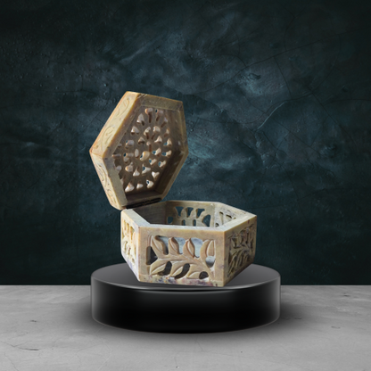 Small Hexagonal Marble Jali Box – Handcrafted Decorative Keepsake Storage