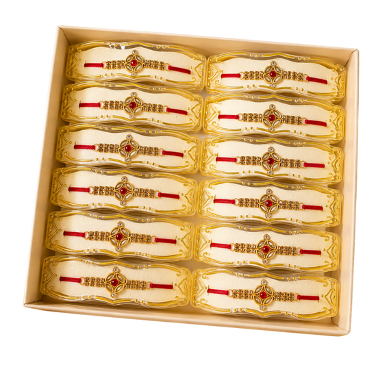 Traditional Red & Gold Rakhi Set of 12 – Elegant Beaded Rakhi for Bhai