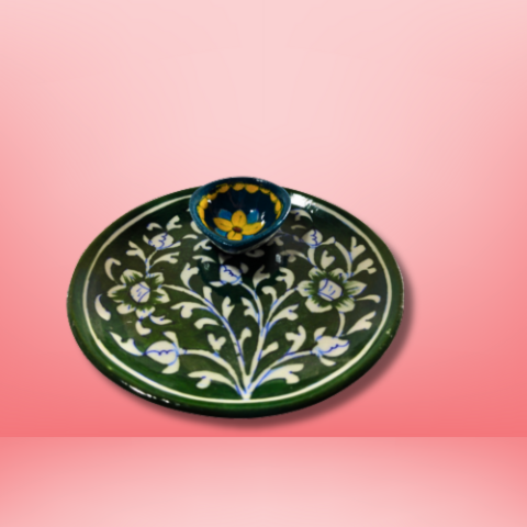 Emerald Blossom Floral Ceramic Diya Plate Combo