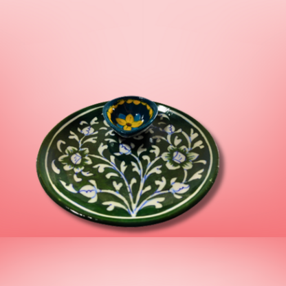 Emerald Blossom Floral Ceramic Diya Plate Combo