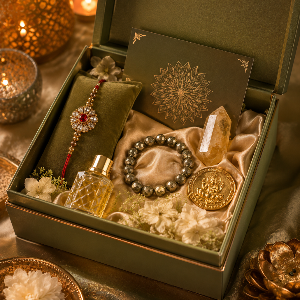 Premium Rakhi Gift Box with Citrine Crystal, Lakshmi Coin & Attar