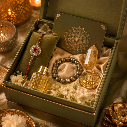 Premium Rakhi Gift Box with Citrine Crystal, Lakshmi Coin & Attar
