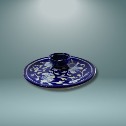 Royal Blue Pottery Blossom Diya Plate Set