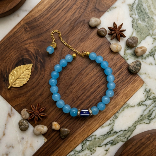 Blue Aquamarine Beaded Bracelet with Blue Evil Eye Charm – Crystal Bracelet for Women