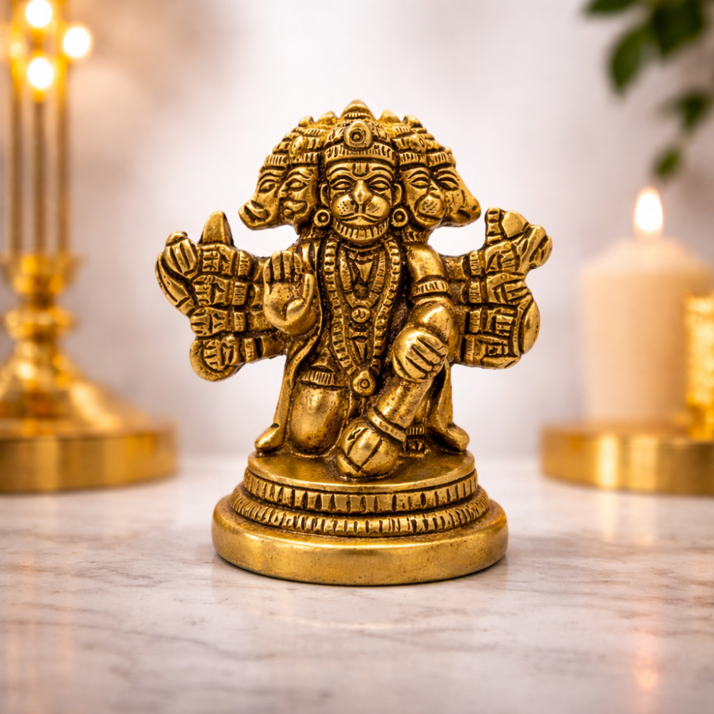 Handcrafted Brass Five Face Hanuman Statue – Protective Vastu Home Decor