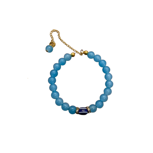 Blue Aquamarine Beaded Bracelet with Blue Evil Eye Charm – Crystal Bracelet for Women