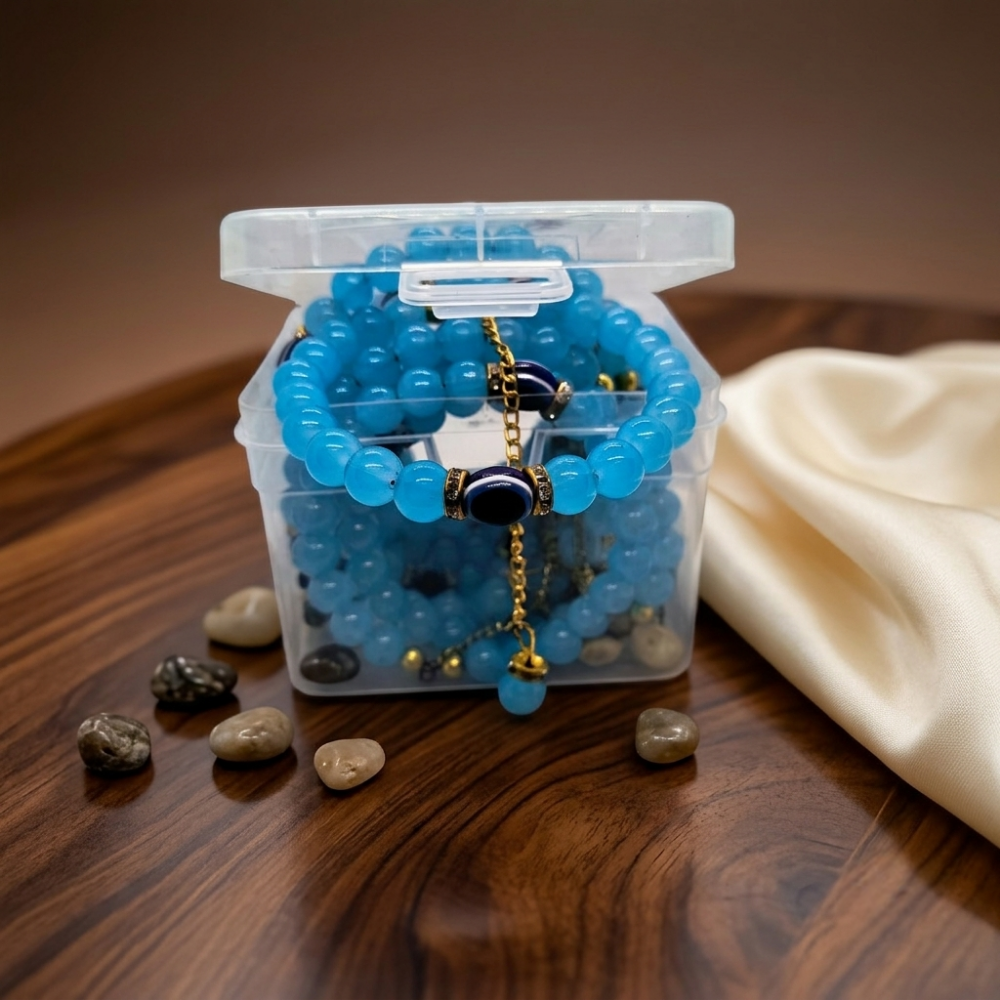 Blue Aquamarine Beaded Bracelet with Blue Evil Eye Charm – Crystal Bracelet for Women