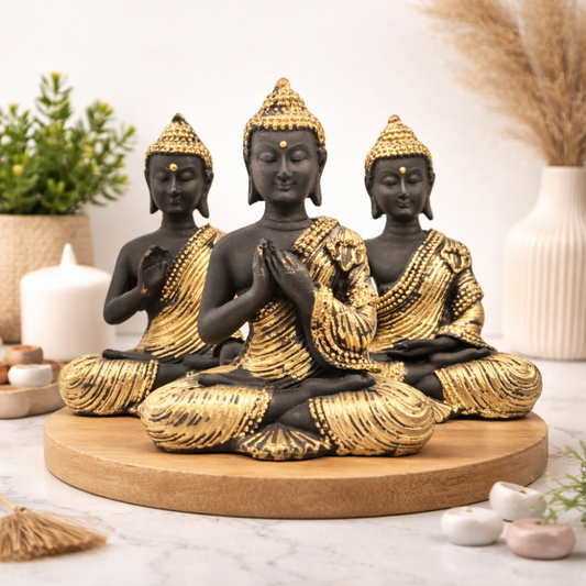 Black & Gold Buddha Trio Statue (Set of 3) for Home Decor & Vastu