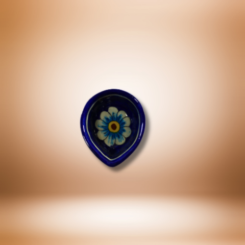 Blue Floral Ceramic Diya for Pooja