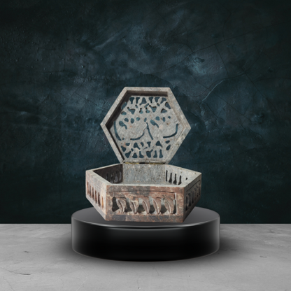 Hexagon Stone Carved Jali Box – Traditional Handcrafted Decorative Storage
