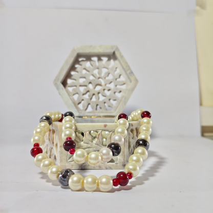 Pearl Glow Bead Necklace – Red & Black Accents