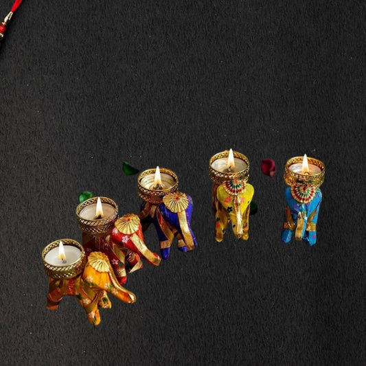 Handcrafted Elephant T-Light Holders – Multicolor Set