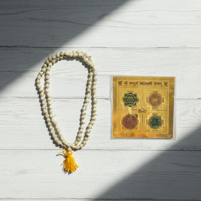 Divine Lakshmi Blessings Combo – Energized Sampurn Mahalakshmi Yantra with Sacred Tulsi Mala(Perfume Free)